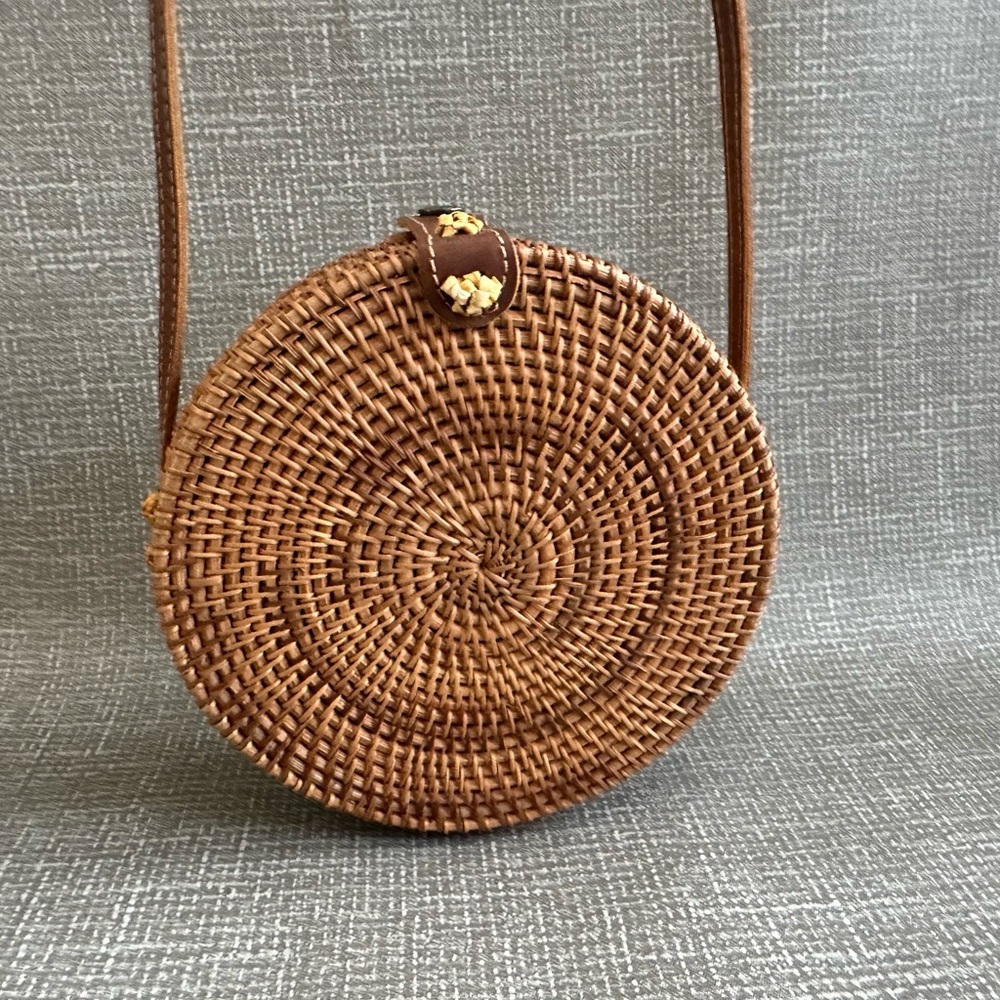 Wicker Round Rattan Woven straw bag Crossbody Purse Brown - Picture 2 of 13